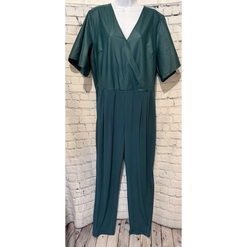 Colleen Lopez Flutter-Sleeve Mixed Media Jumpsuit Green Romper Size XL